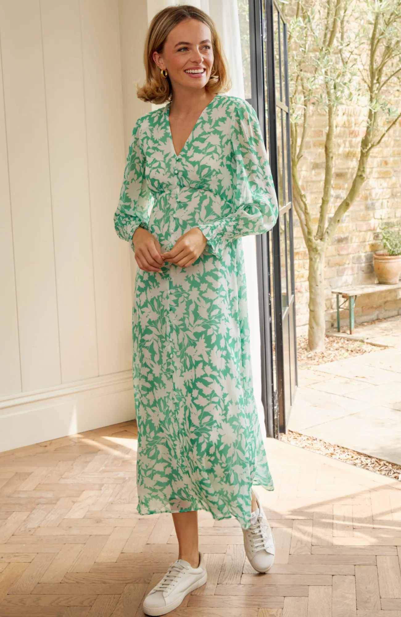 Long Sleeve Sally Anne Dress | Clematis Vines Green/Ivory Charming Fit