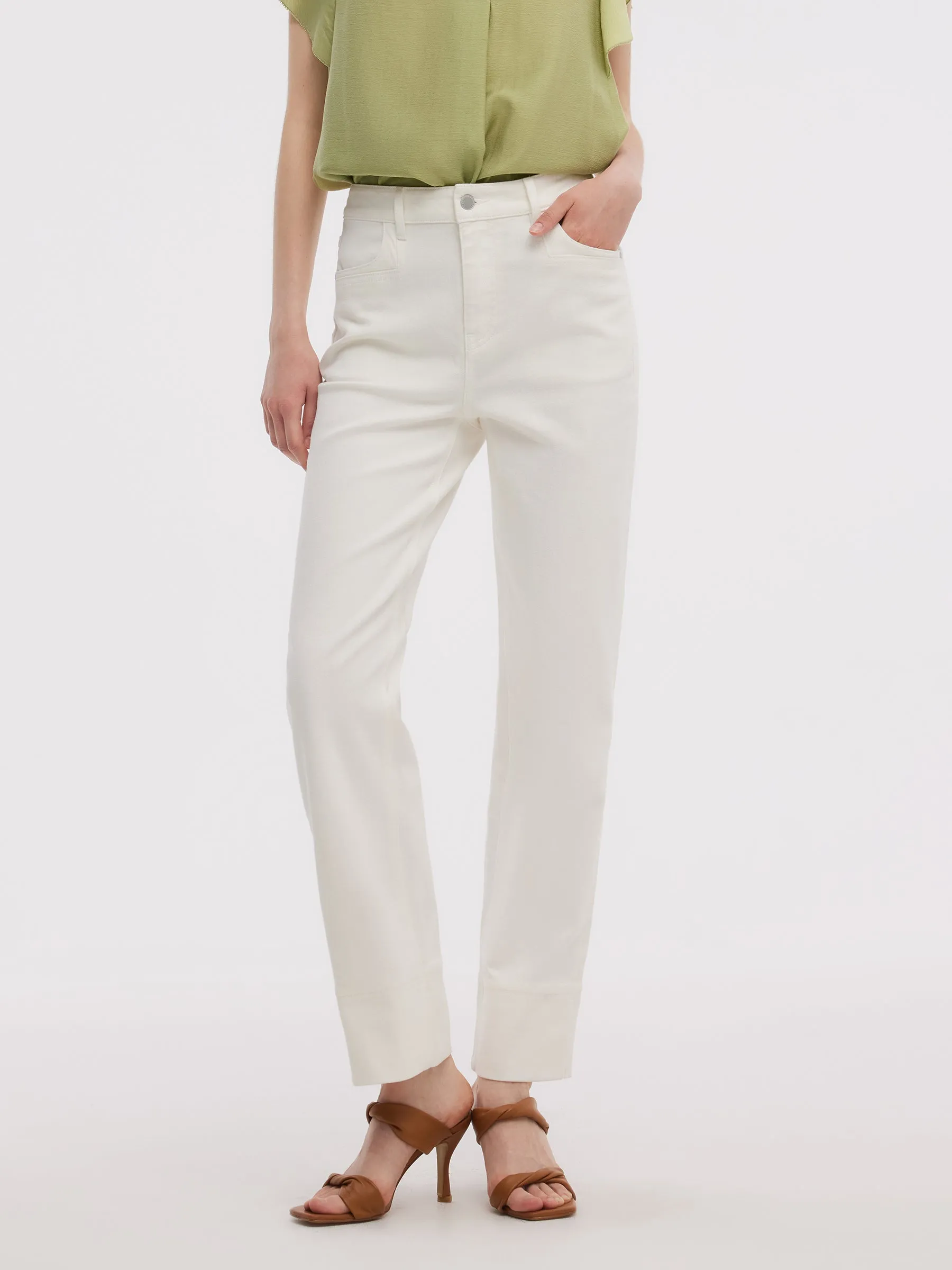 Cotton Denim Women Ankle Length Folded Jeans Office Wear Casual Style Simplicity