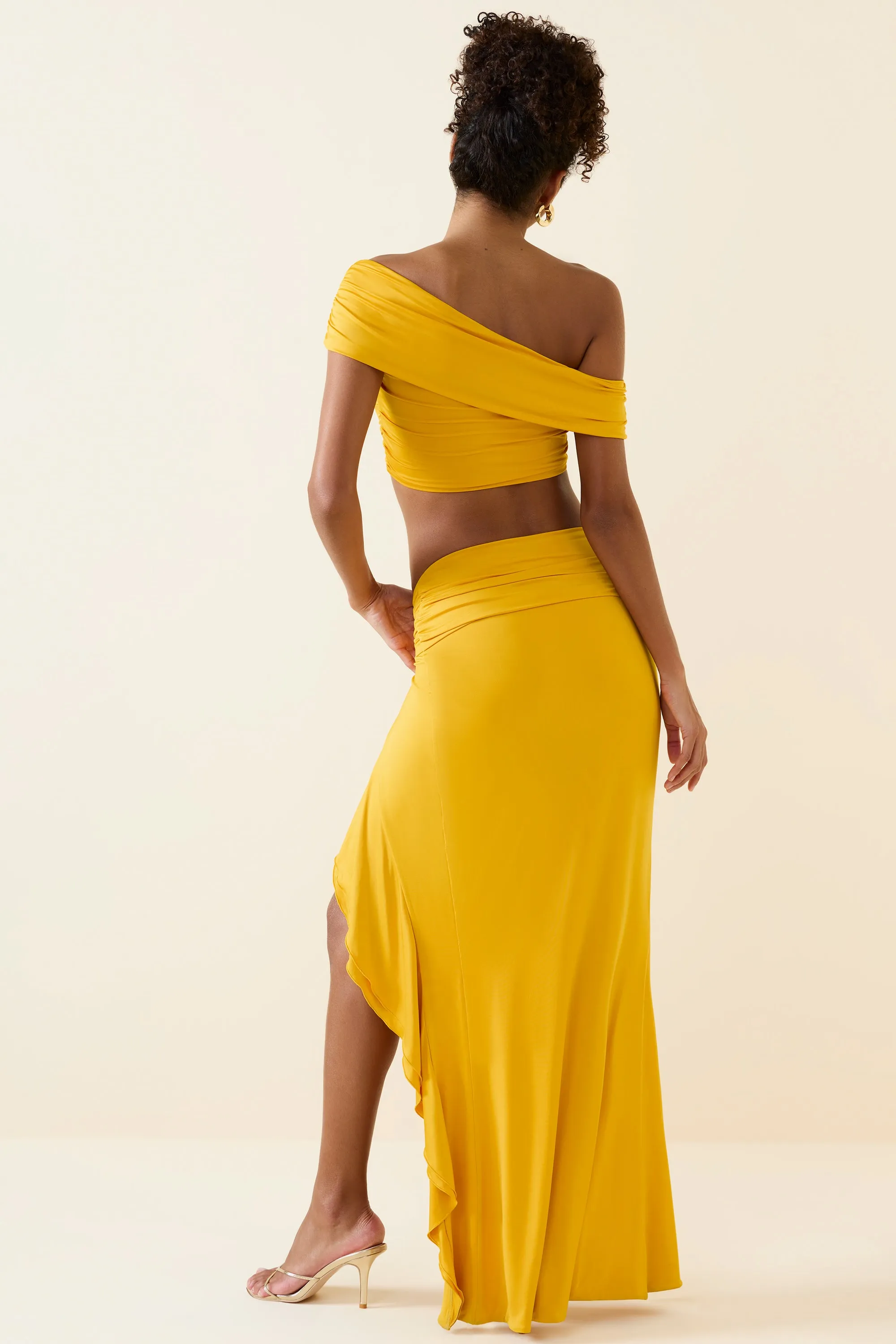 Low Rise Trendy Style Asymmetric Ruffled Low-Rise Maxi Skirt in Golden Yellow