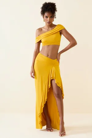 Asymmetric Ruffled Low-Rise Maxi Skirt in Golden Yellow Heat Dissipating Fabric Outdoor Outfit