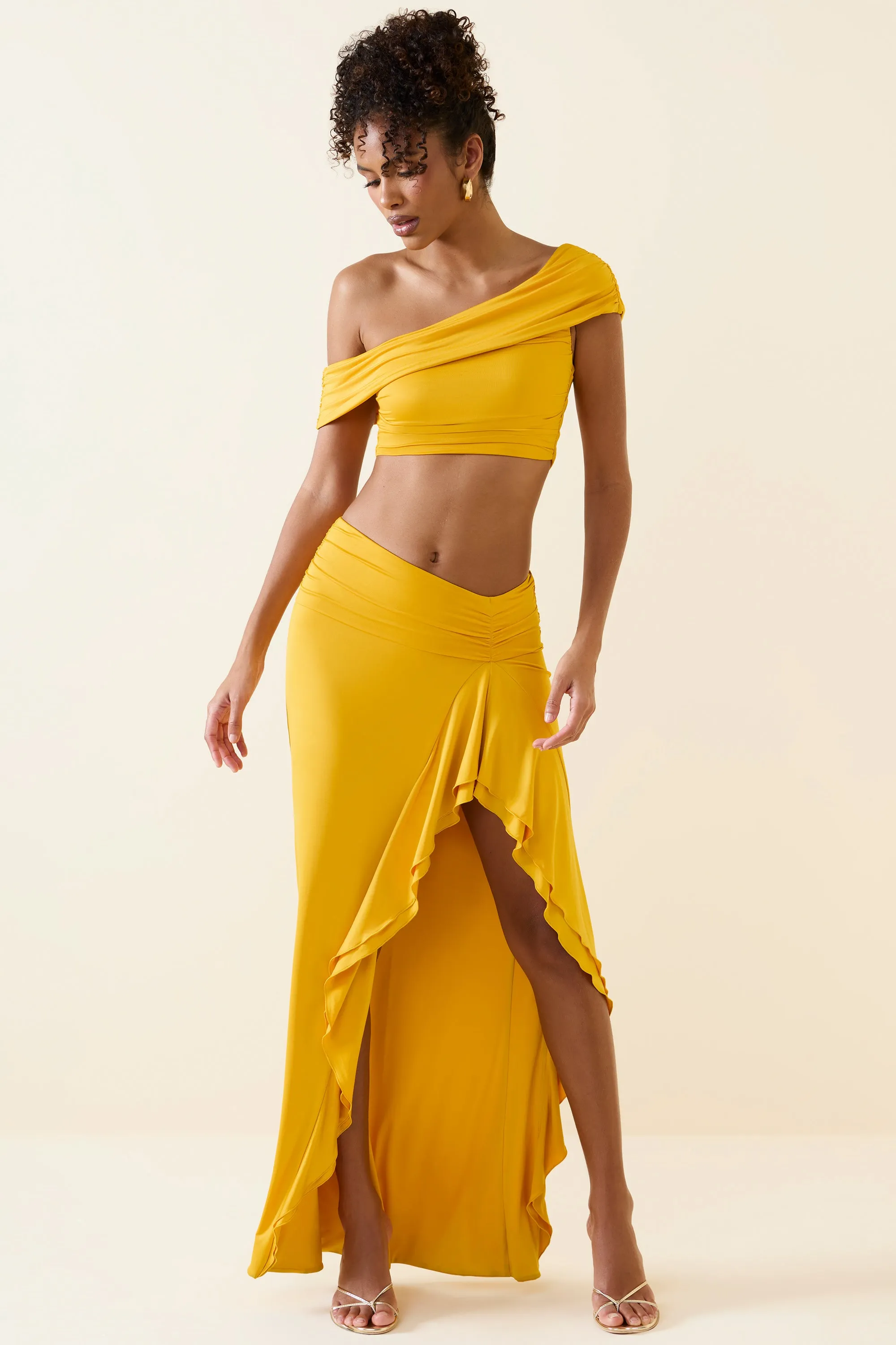 Asymmetric Ruffled Low-Rise Maxi Skirt in Golden Yellow Daily Wear