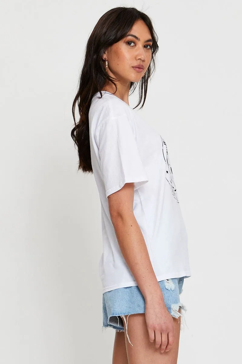 White Graphic T Shirt Short Sleeve AdjustableWaist