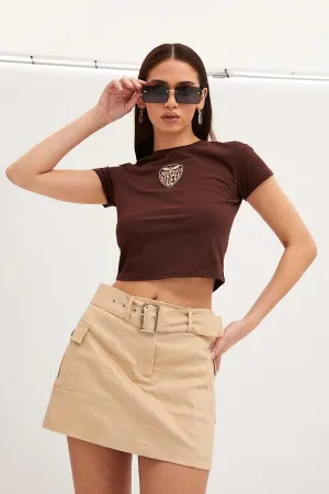 Heavyweight Weave Stylish Comfort Brown Baby Tee Crew Short Sleeve Graphic Crop