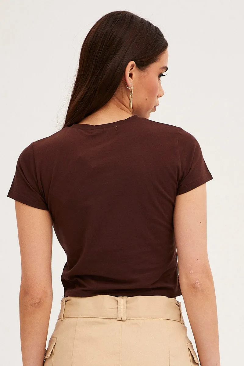 Comfy Layering HeatResistantMaterial Brown Baby Tee Crew Short Sleeve Graphic Crop