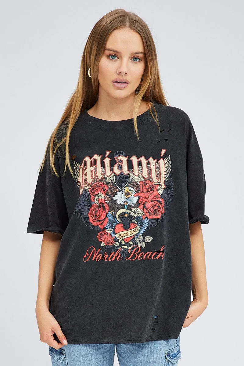 Black Graphic Tee Short Sleeve Round Neck Stylish and Comfortable City Smart