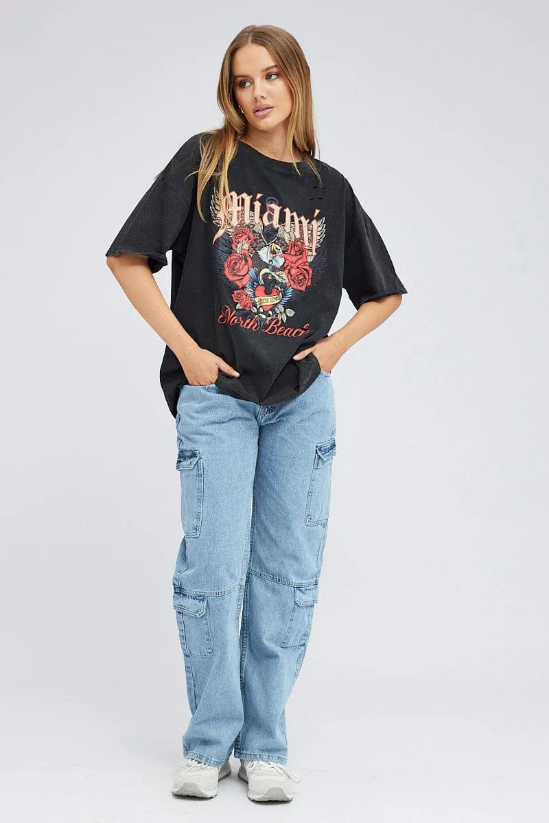 FadeResistantPrint Black Graphic Tee Short Sleeve Round Neck