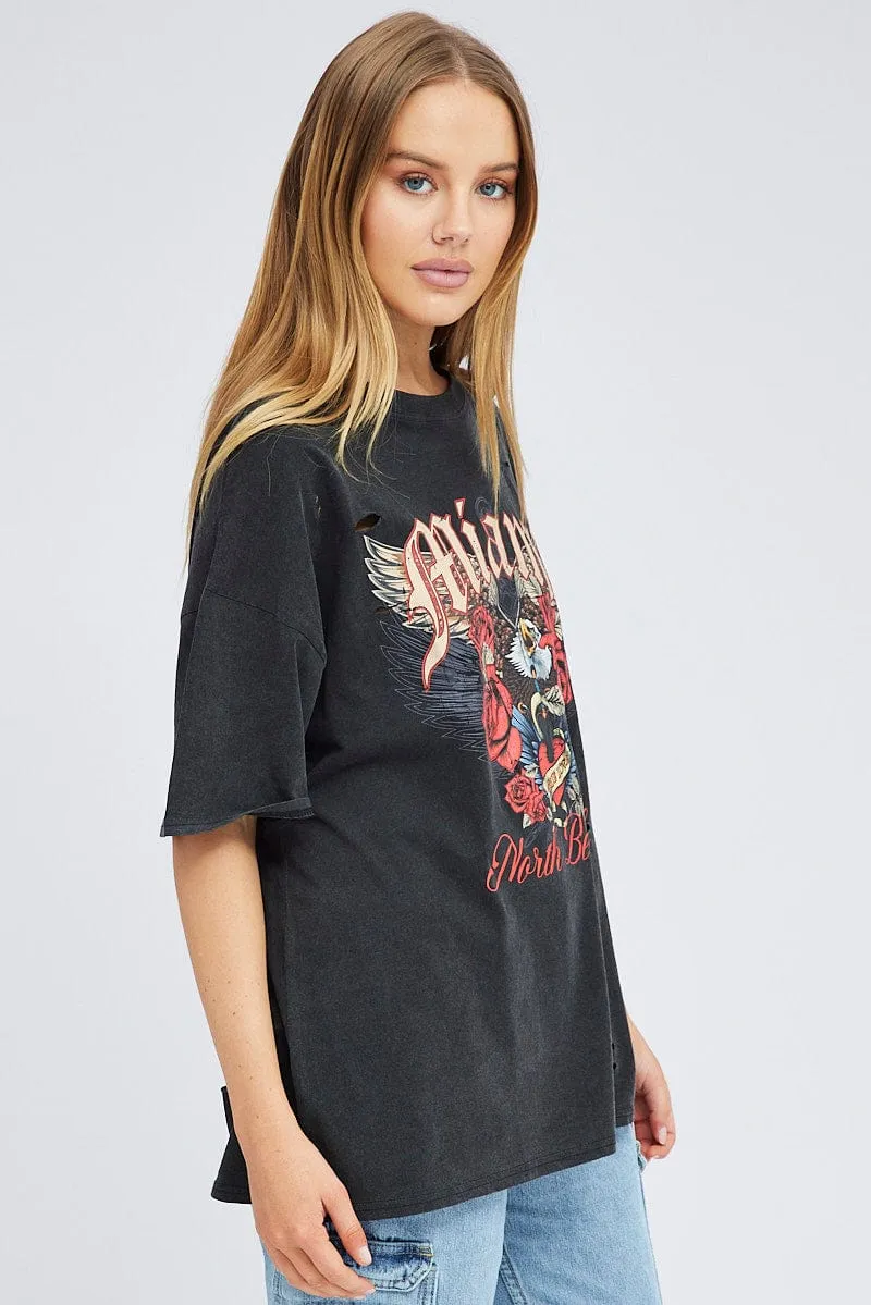 Printed Logo Black Graphic Tee Short Sleeve Round Neck
