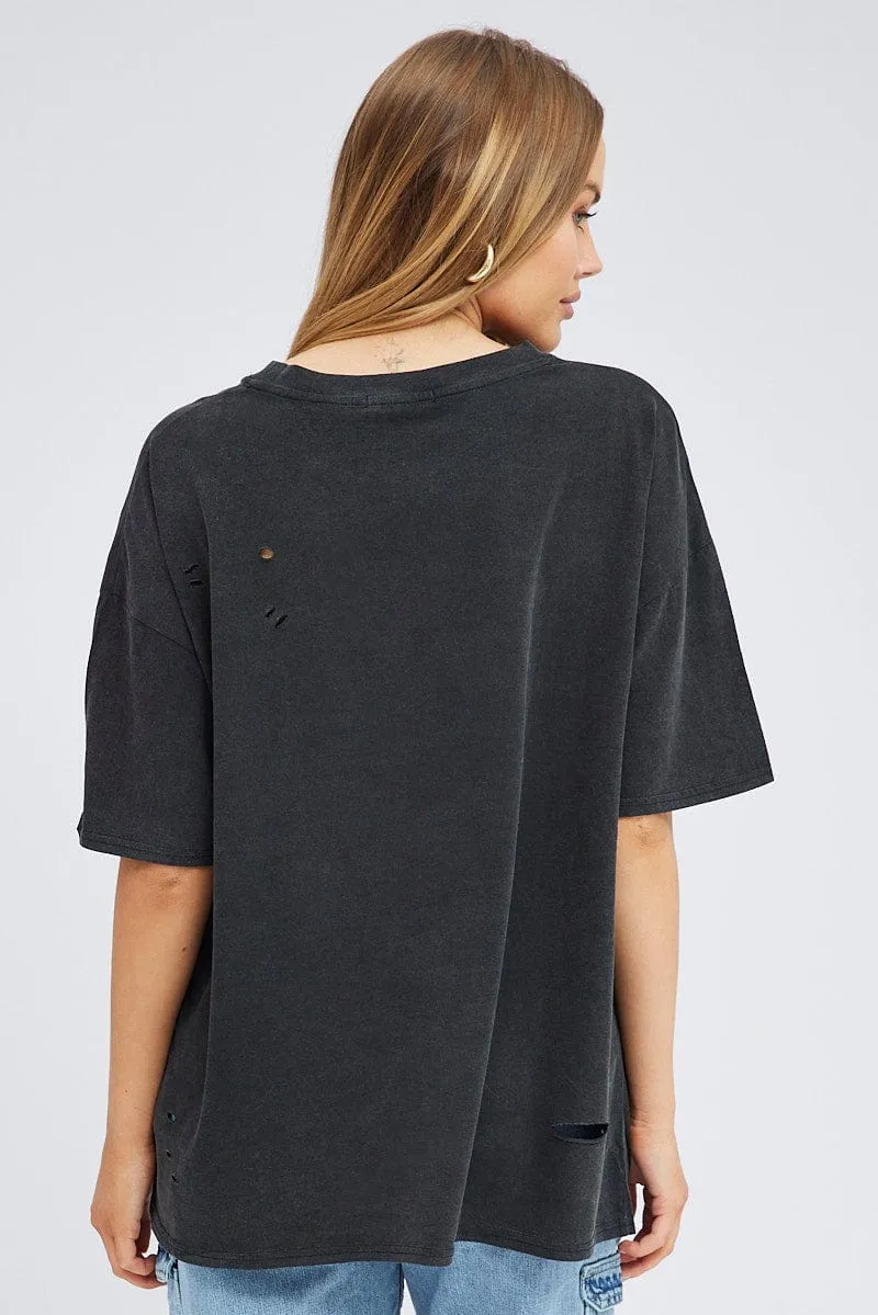 Black Graphic Tee Short Sleeve Round Neck Self Fabric Tape Versatile Wearable