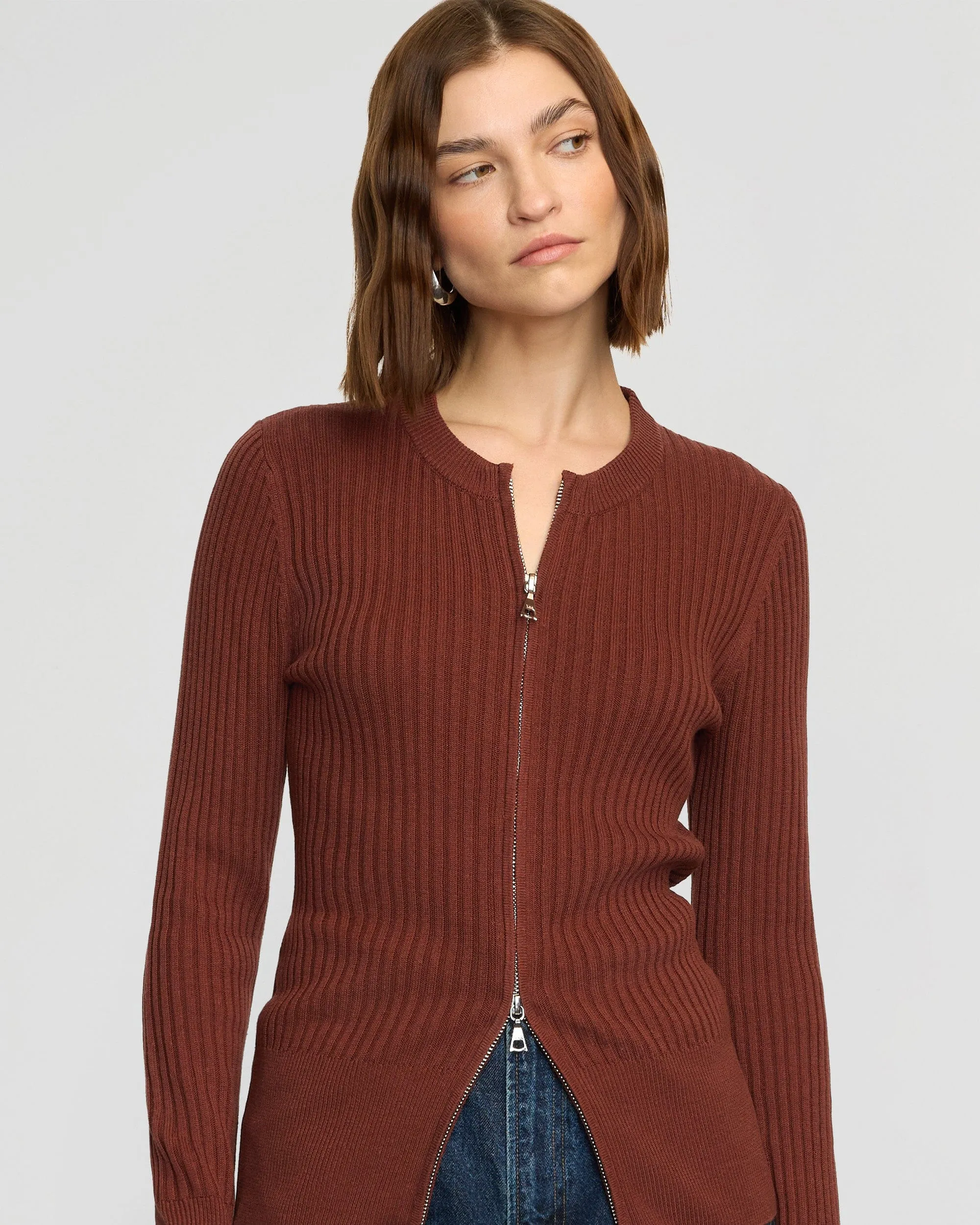 Comfortable Knit Warm and Cozy Kayla Ribbed Two-Way Zip Sweater