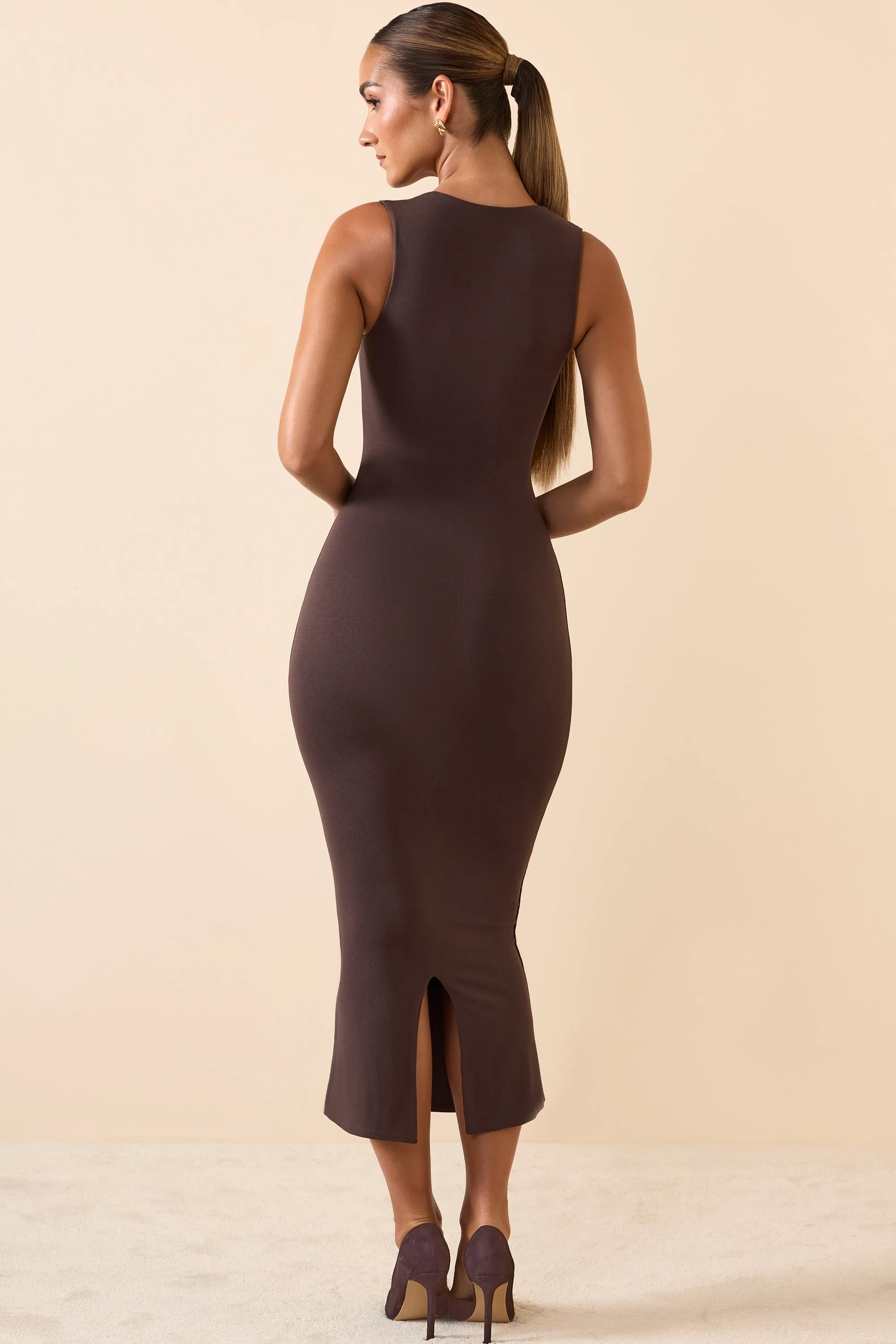 Square Neck Midi Dress in Chocolate Brown Classic Smart