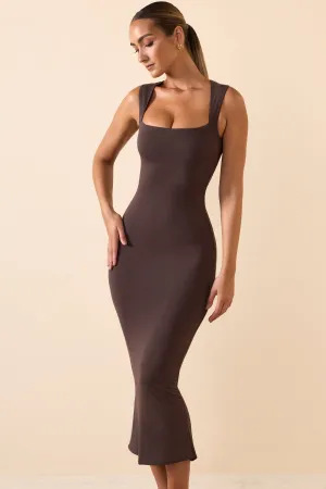 Everyday Comfort Gem Shine Square Neck Midi Dress in Chocolate Brown