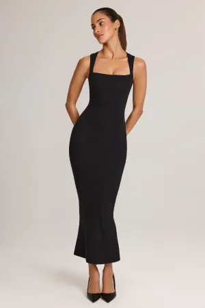 Square Neck Midi Dress in Black Comfortable Cut Office To Out