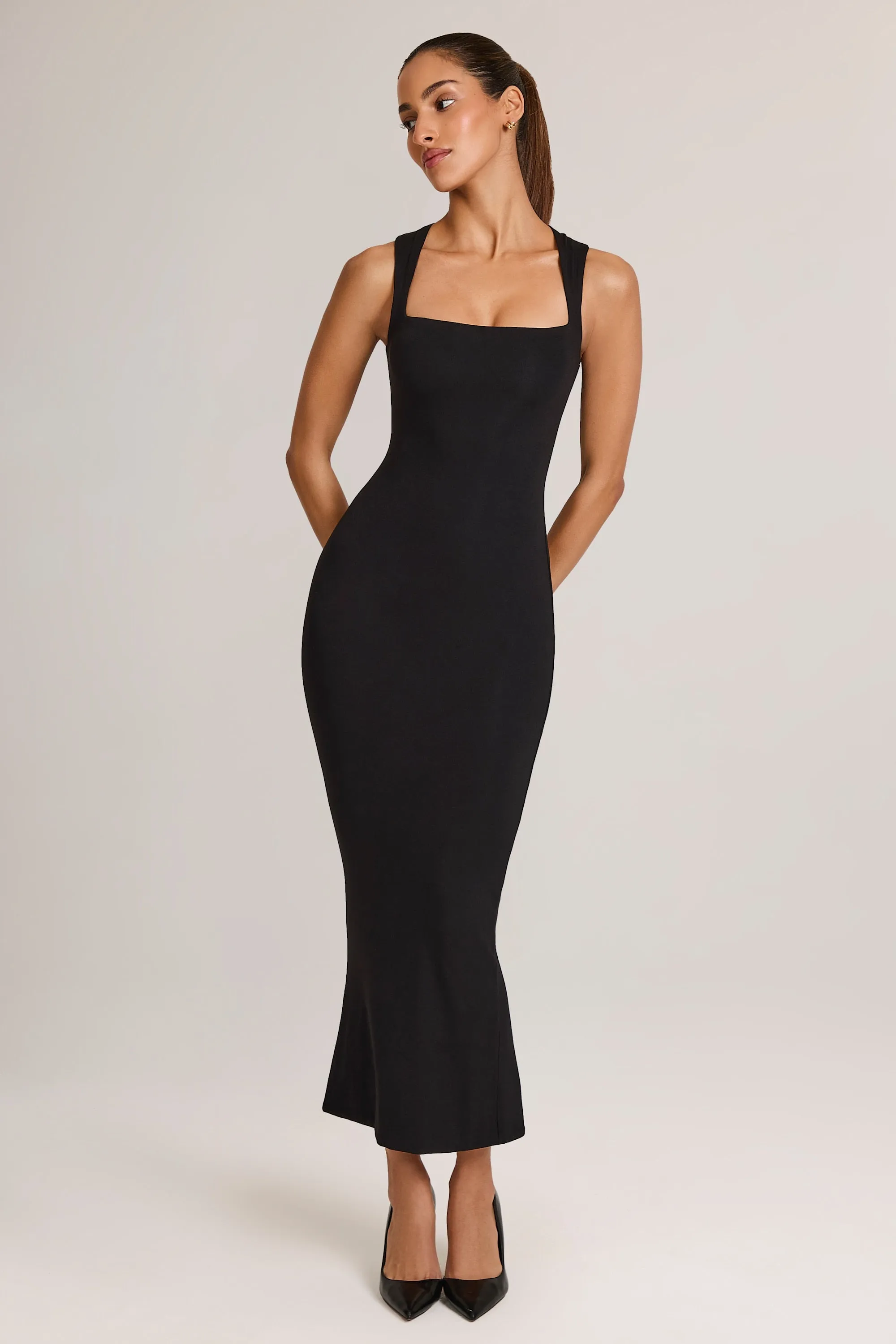 Square Neck Midi Dress in Black Comfortable Cut Office To Out