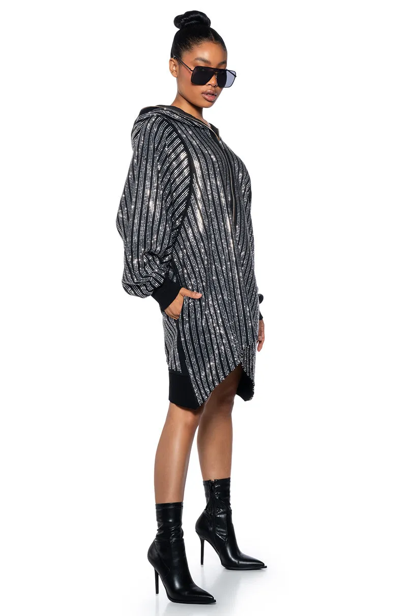 Street Cool Street Minimal TRES CHIC PASSPORT OVERSIZE HOODED RHINESTONE ZIP UP JACKET
