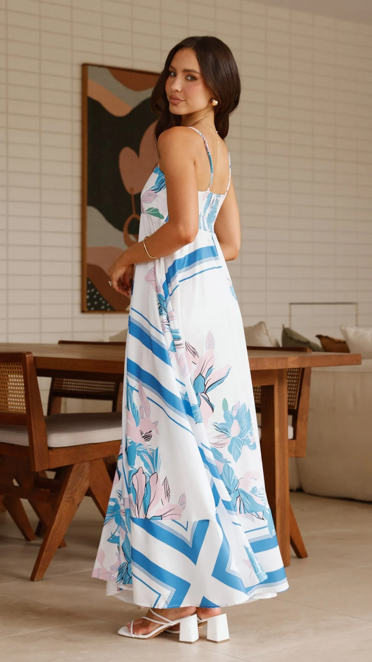 Its versatile length ensures it can be worn for a variety of occasions from casual to formal Kaethe Maxi Dress - White/Blue