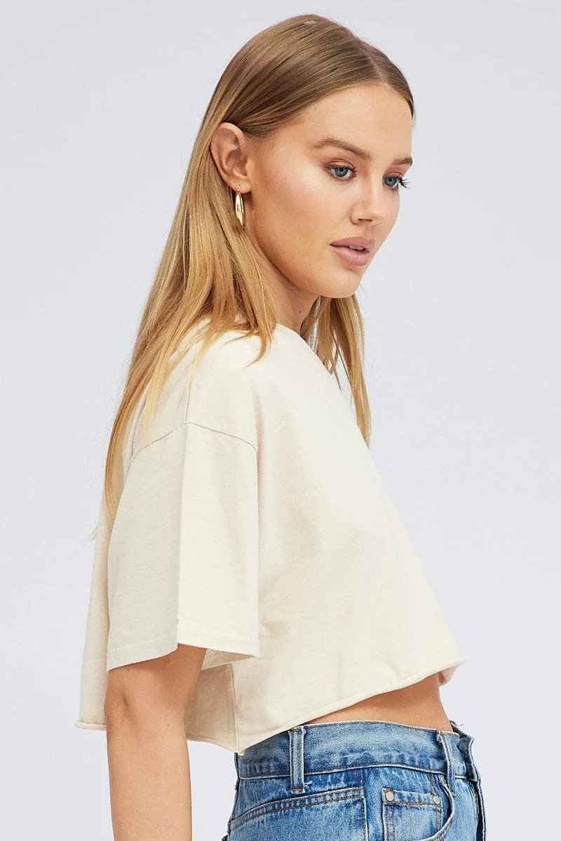 Perfectly Fit Beige Graphic Tee Short Sleeve Crop Crew Neck