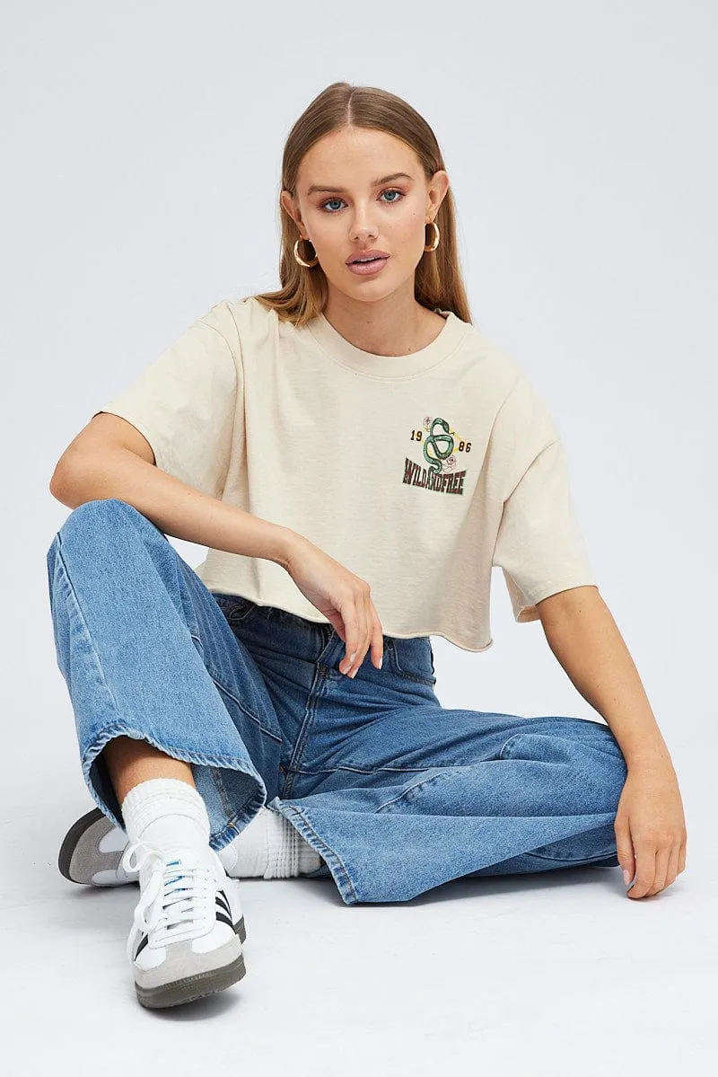 Comfort Fit Beige Graphic Tee Short Sleeve Crop Crew Neck