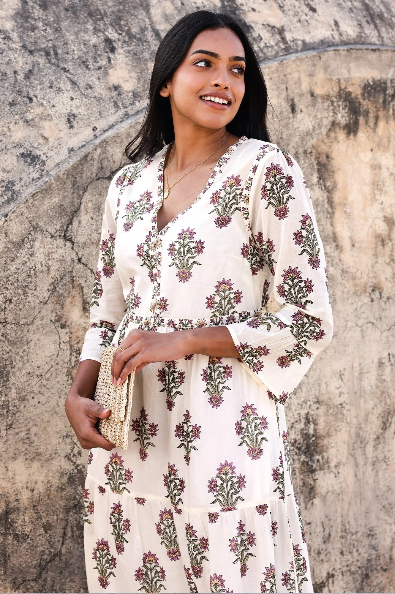 Hayden Organic Cotton Block Print Dress | Antique Wildflower Cream/Red/Green Island Mood