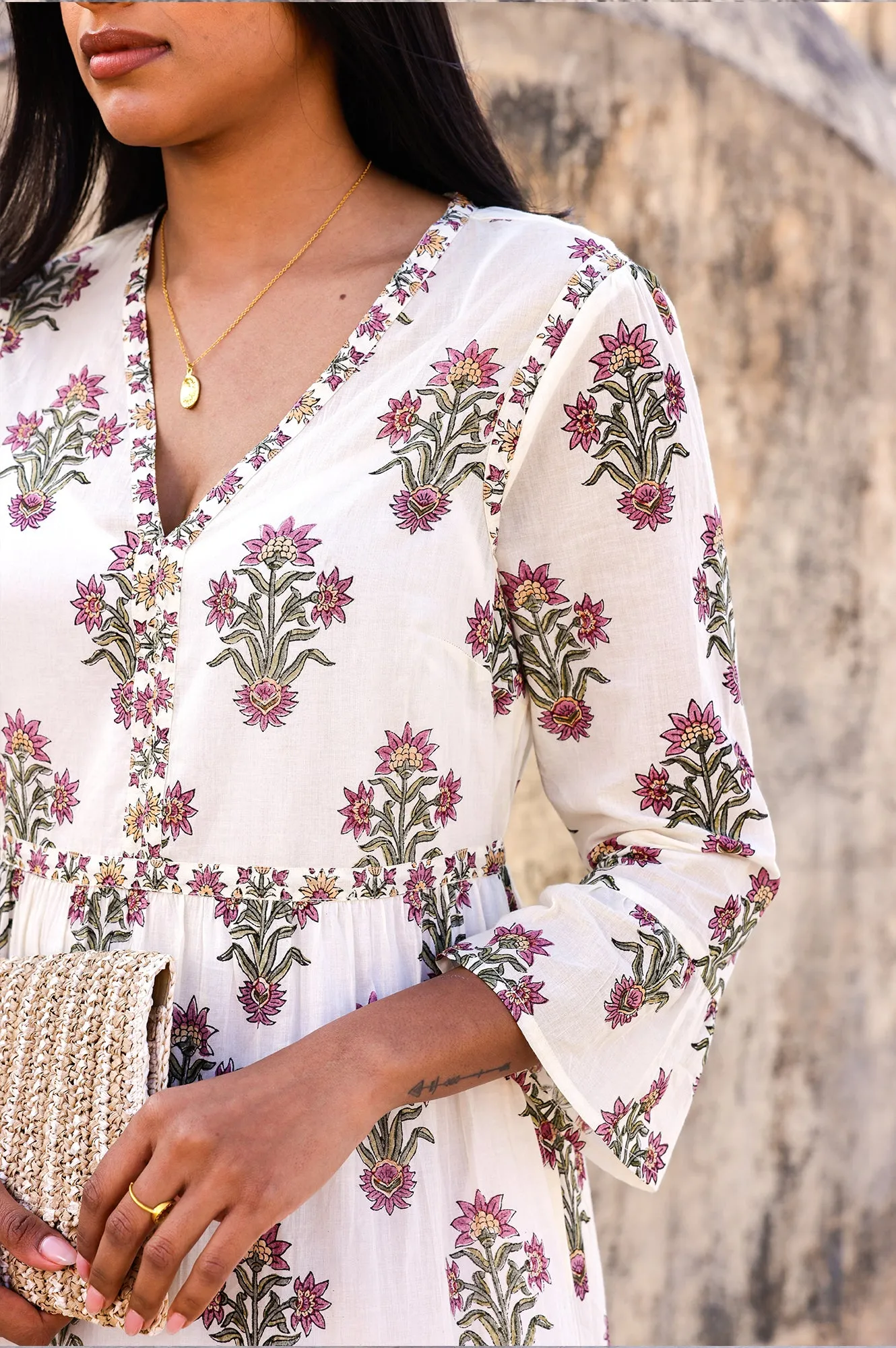 City Prep Hayden Organic Cotton Block Print Dress | Antique Wildflower Cream/Red/Green