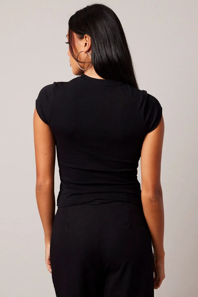 Breathable knit Black Graphic Tee Short sleeve Long Line