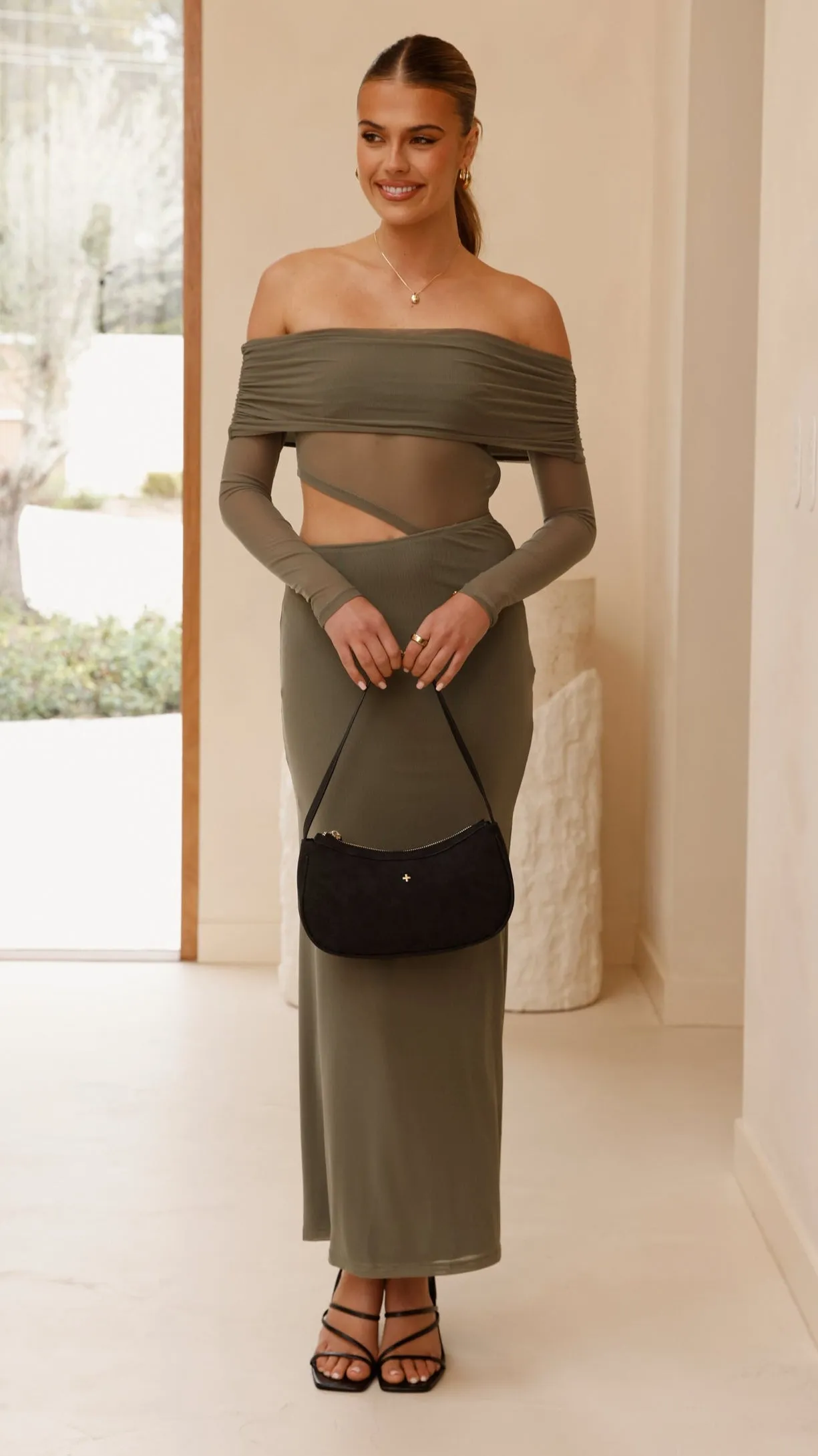 Blaire Off The Shoulder Maxi Dress - Olive Fantasy Touch