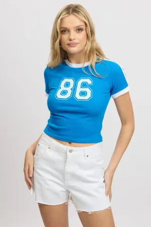 Blue Graphic Tee Short Sleeve Contrast Binding Casual Wear long sleeved