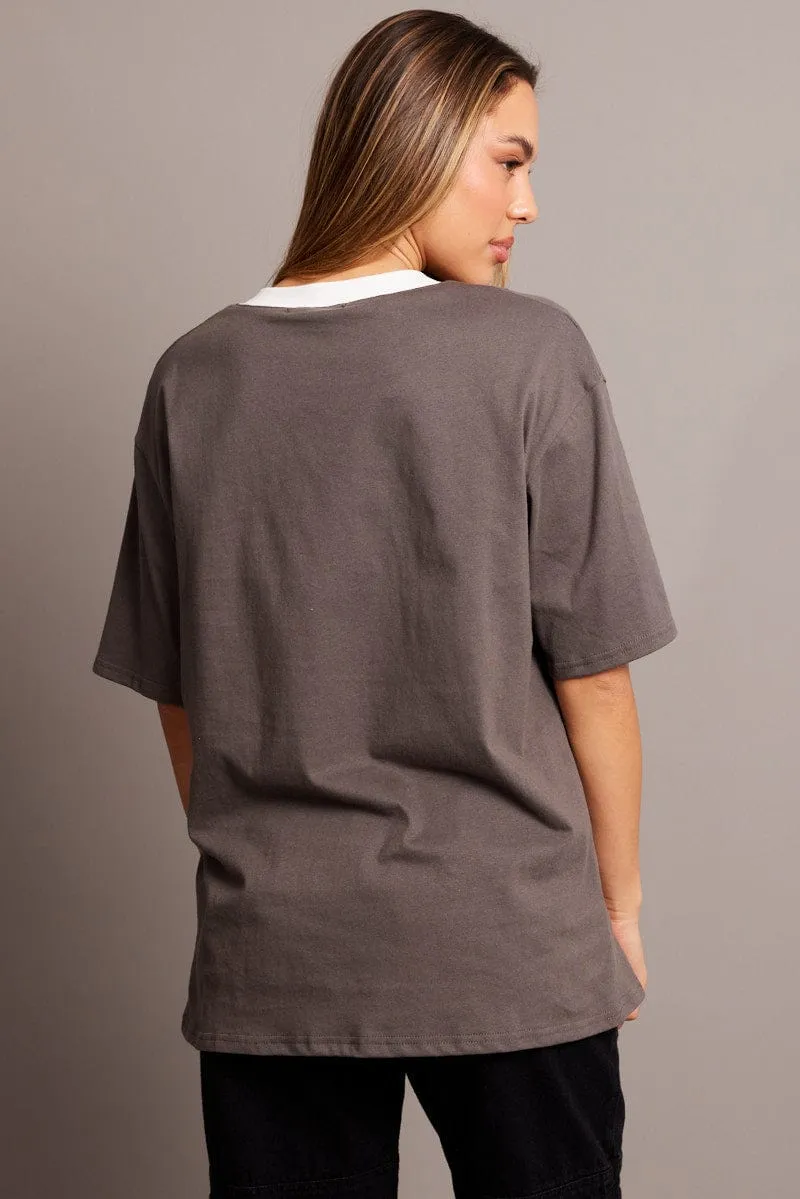 Sporty Look Grey Graphic Tee V Neck Short Sleeve