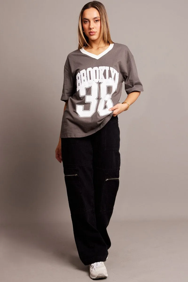 Casual Vibe Wear Grey Graphic Tee V Neck Short Sleeve