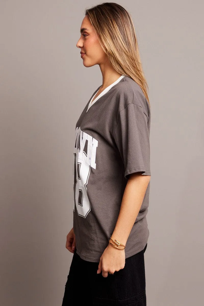 Grey Graphic Tee V Neck Short Sleeve Chill Comfort Look