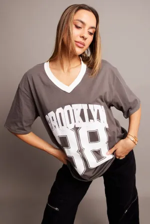 Grey Graphic Tee V Neck Short Sleeve Short Sleeve