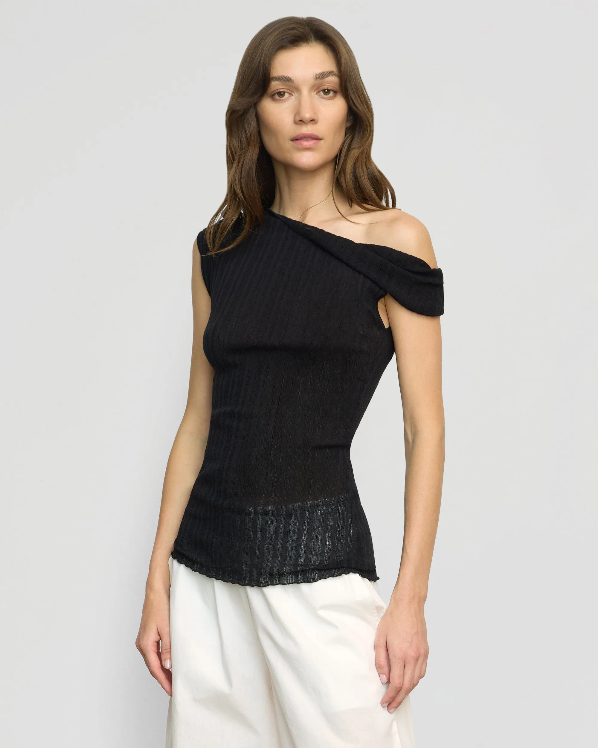 Non Restrictive Fit Temperature Regulating Saba Off-Shoulder Semi-Sheer Knit Top