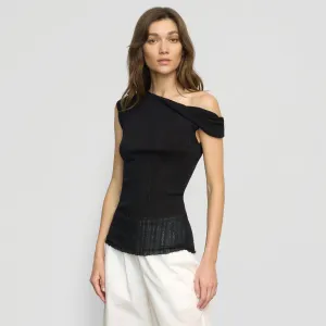 Saba Off-Shoulder Semi-Sheer Knit Top Flexible Ribbed Trim