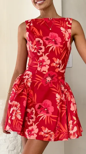 Sunset Glam Floral Pattern Canika Mini Dress - Red Floral