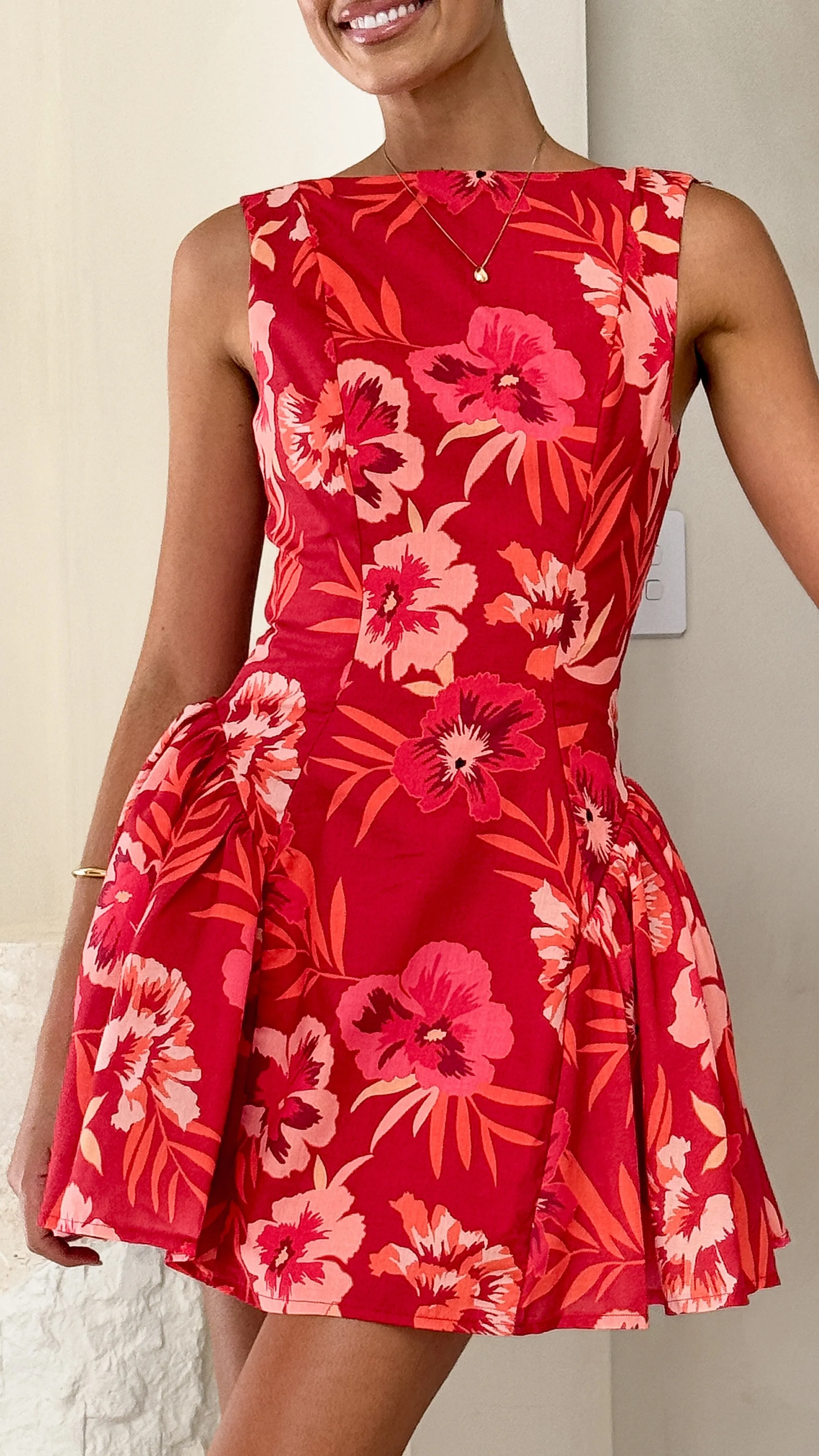 Sunset Glam Floral Pattern Canika Mini Dress - Red Floral