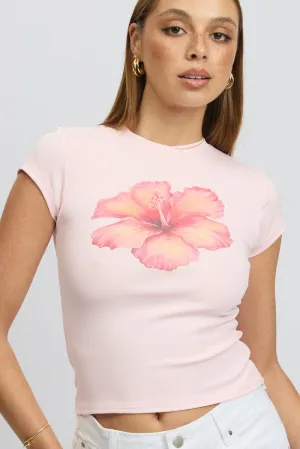 Active Style Trend Basic Wear Pink Graphic Tee Short Sleeve