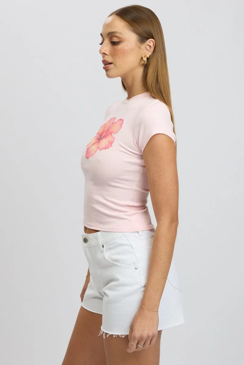 Pink Graphic Tee Short Sleeve Wrinkle Resistant Finish