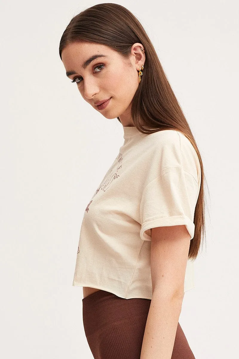 Sporty Look Beige Graphic T Shirt Short Sleeve