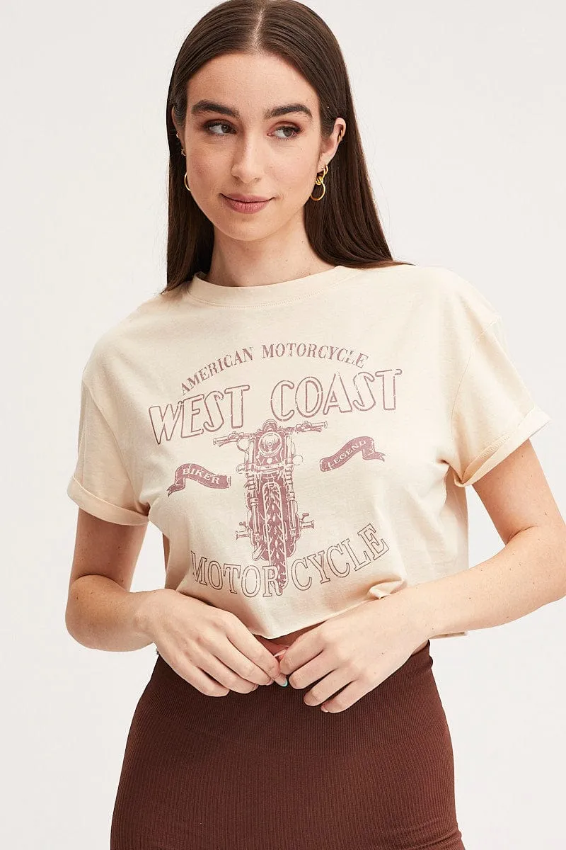 Beige Graphic T Shirt Short Sleeve Comfortable Wear Casual Look Wear