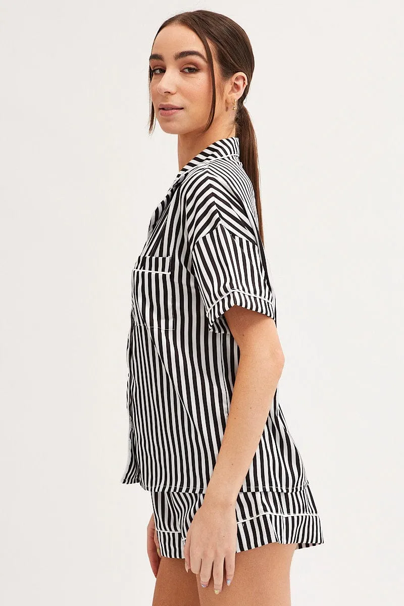BLACK Pyjamas Set Short Sleeve Collared Shorts Satin Stretchy Waist