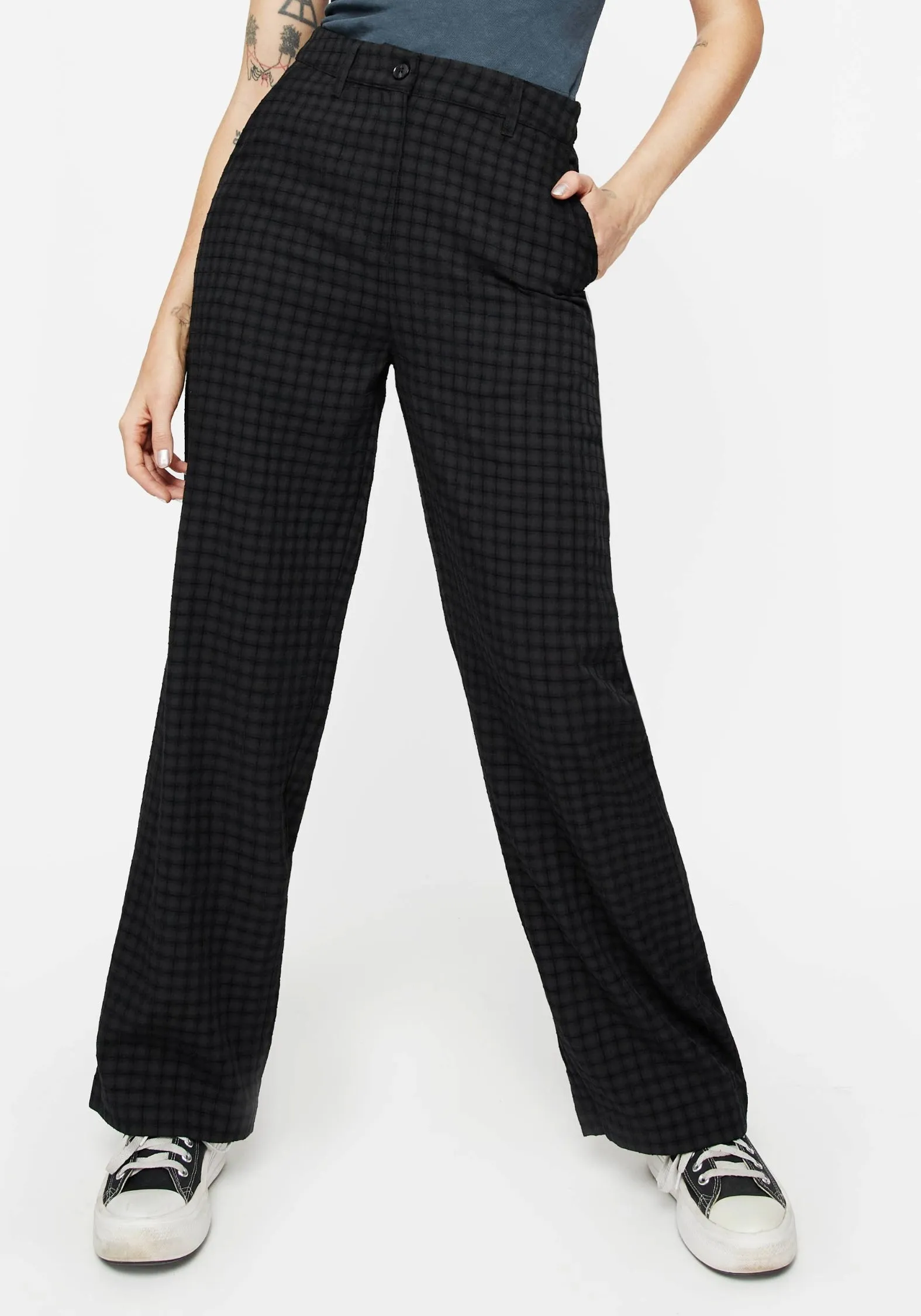Casual Chic Rubberized Hem Ziggy Check Straight Leg Trousers