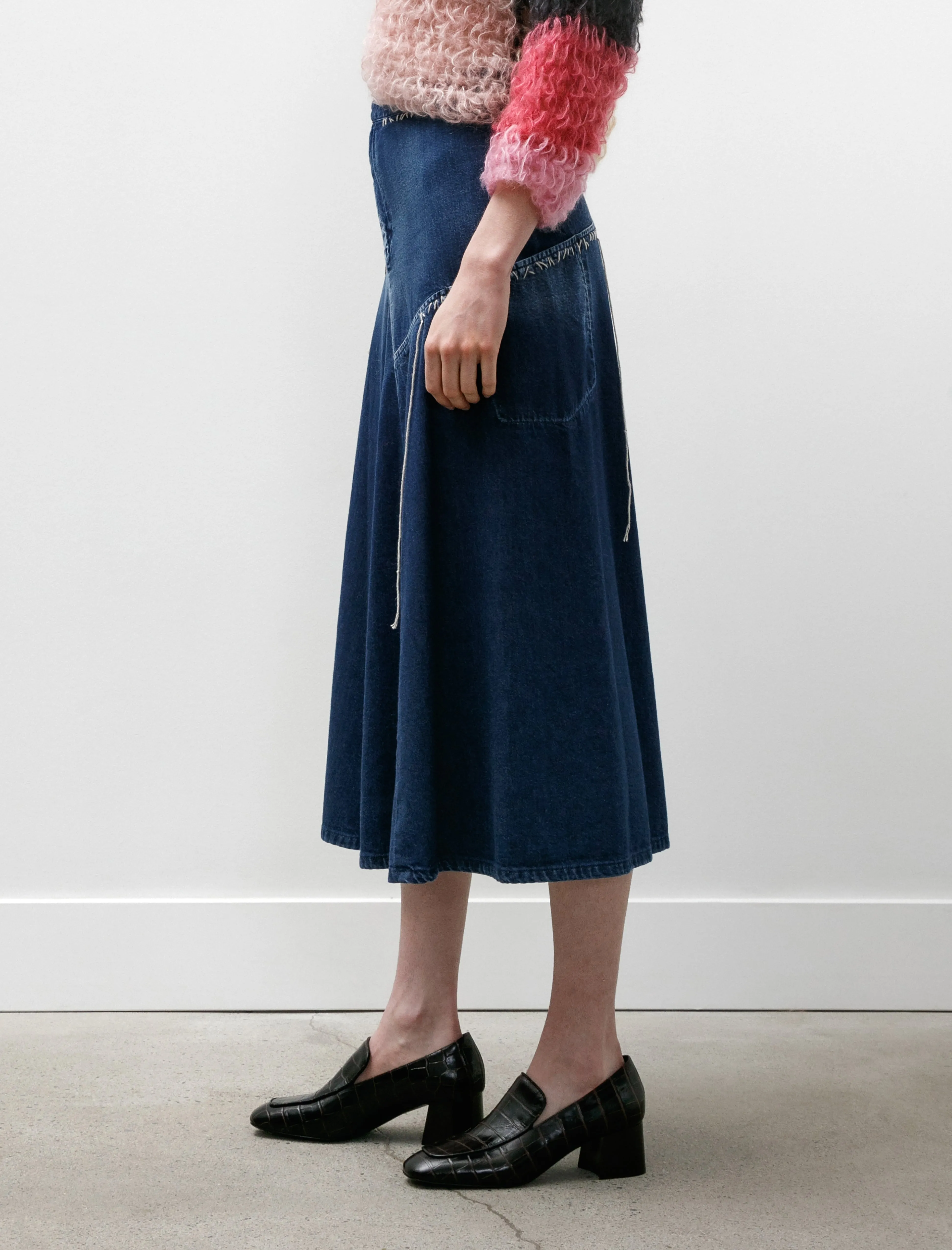 Soft Texture Flare Denim Skirt Indigo