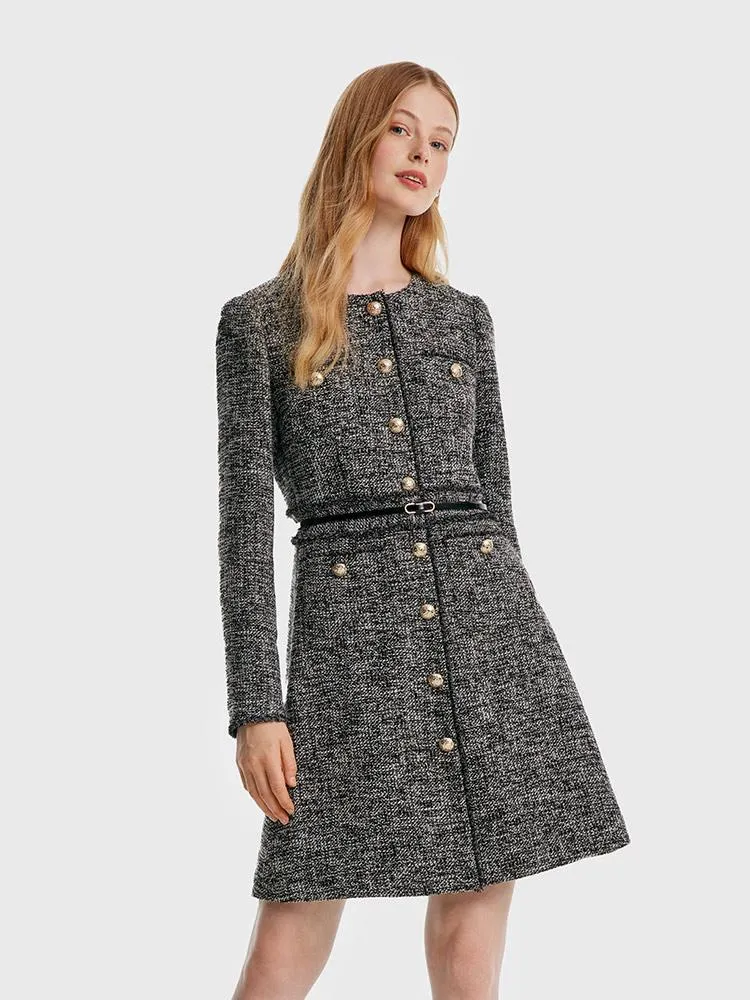 Odor Resistant Round Neck Tweed Dress With Belt