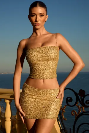 Embellished Mid-Rise Micro Mini Skirt in Gold Breezy Flow