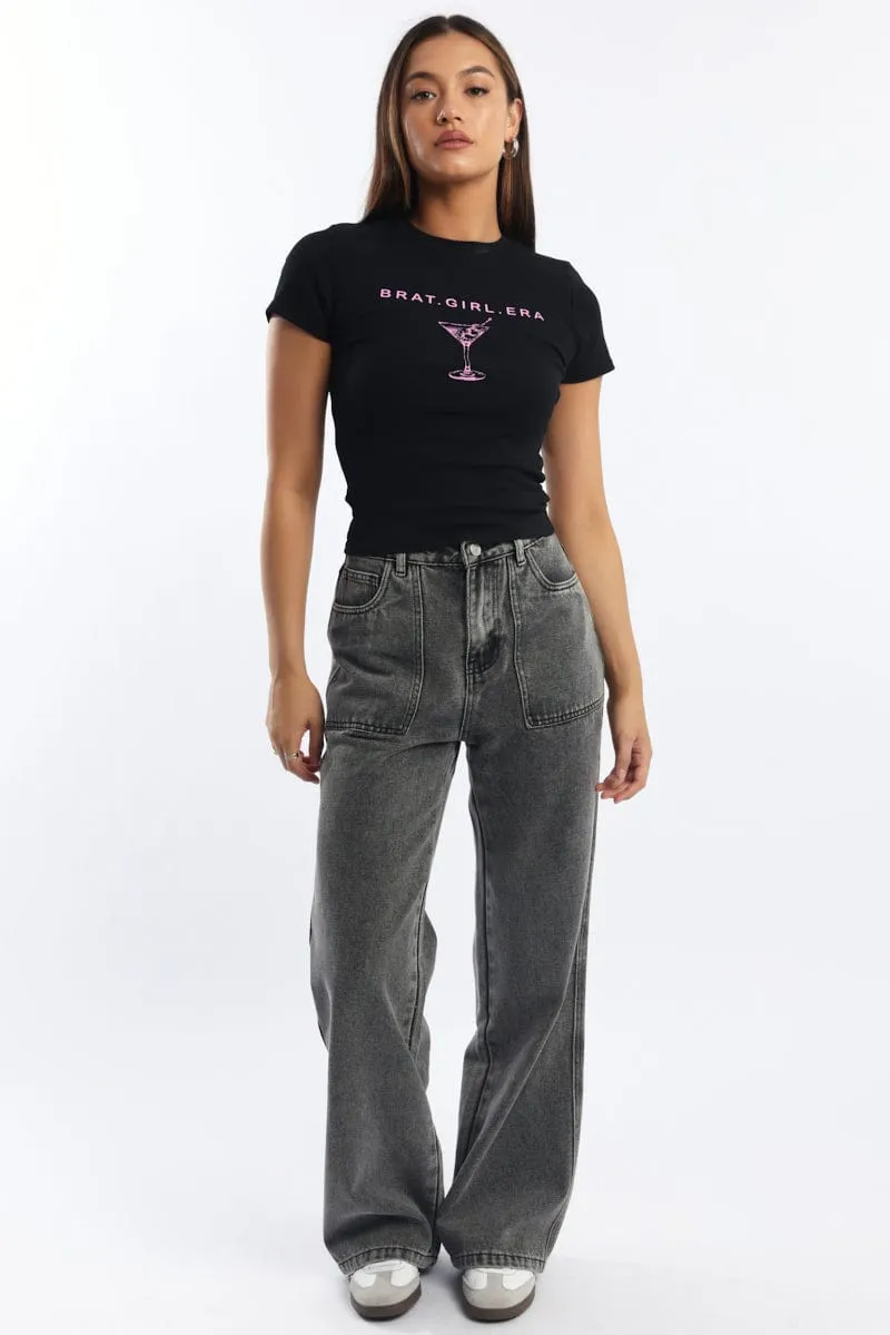 Black Graphic Tee Short Sleeve Wrinkle-Free