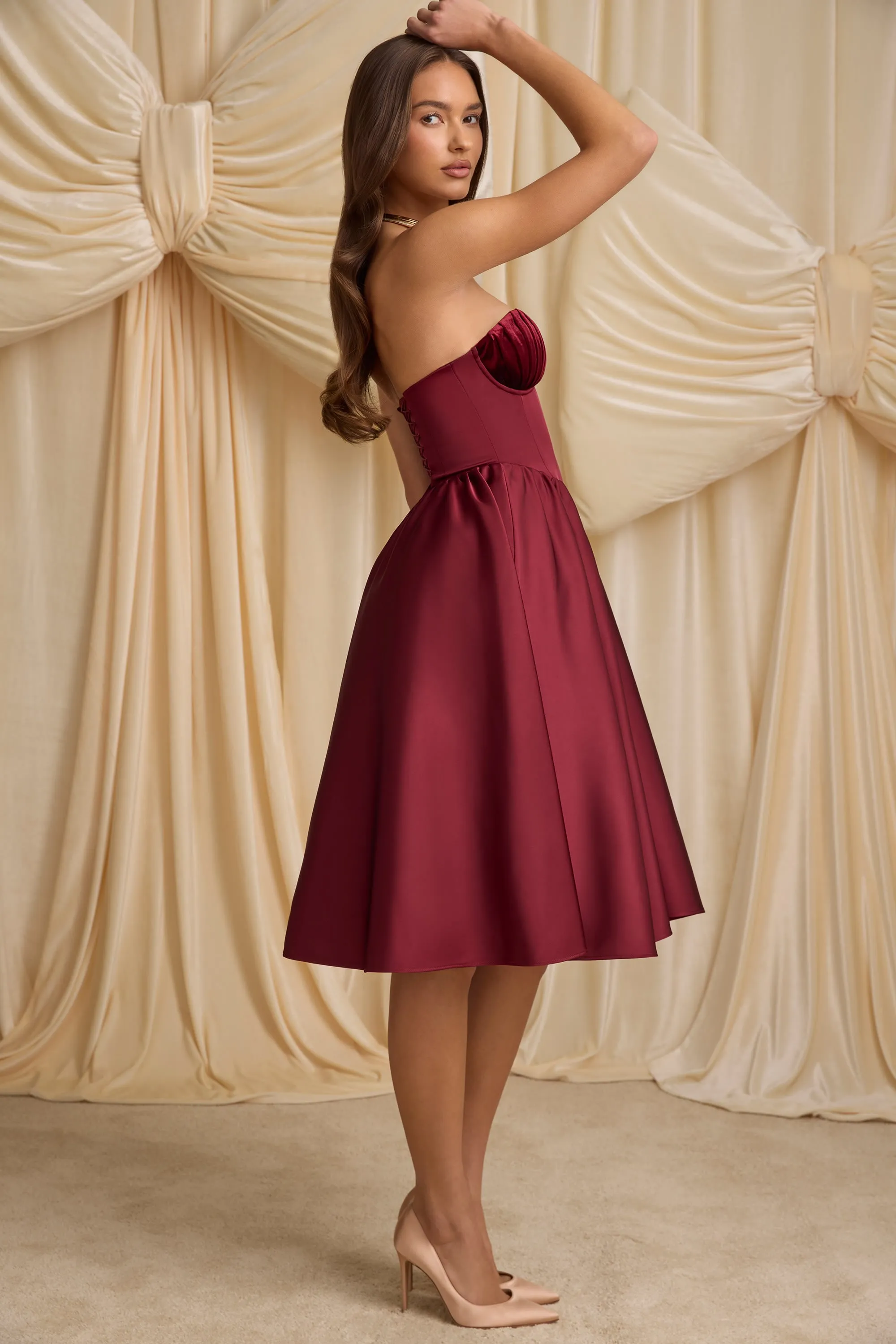 Strapless Corset Midi Dress in Wine Red Glass Glow