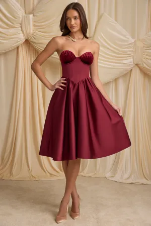 Strapless Corset Midi Dress in Wine Red Elegant and timeless look Stylish dress for gatherings