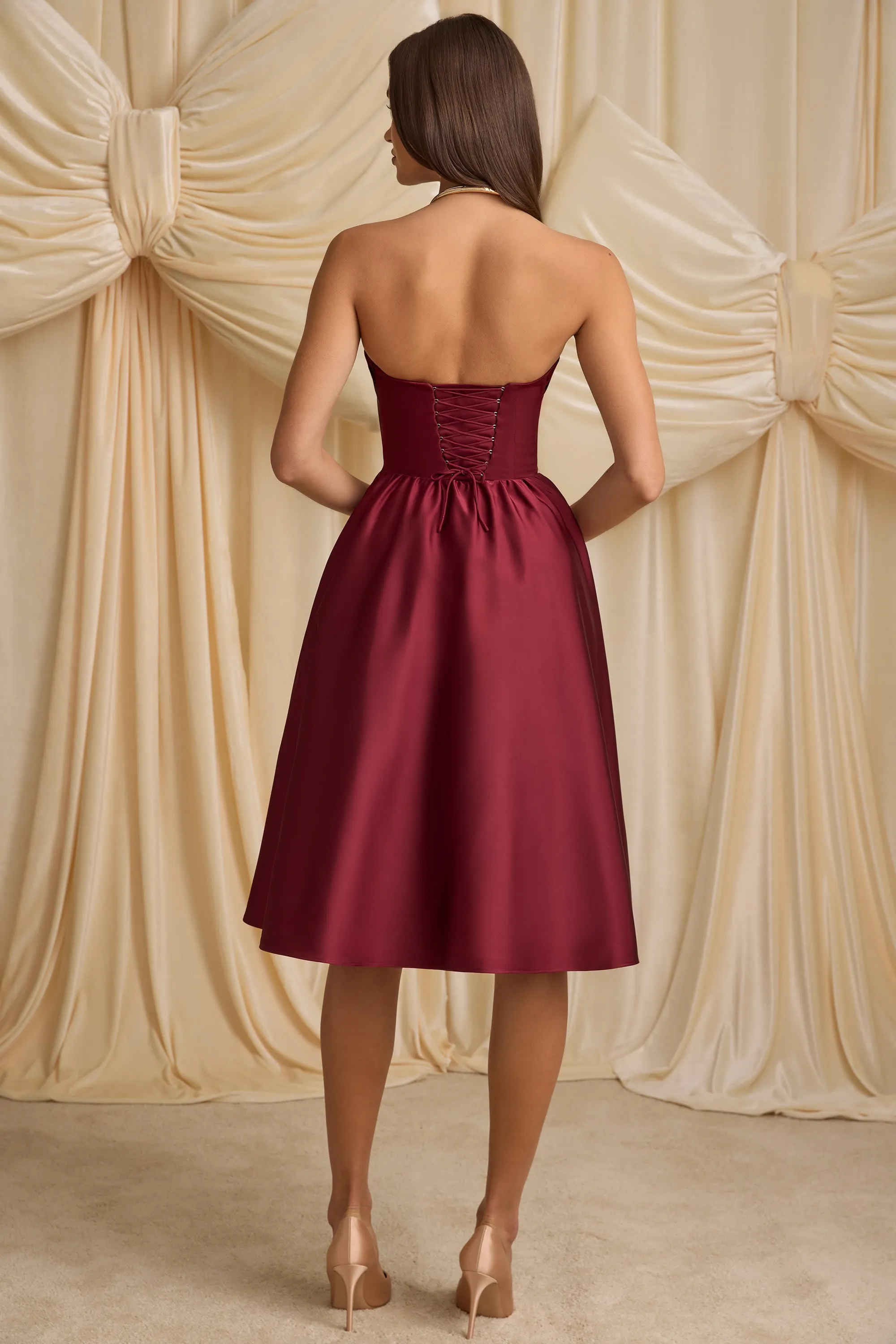 Strapless Corset Midi Dress in Wine Red Work Ready Season Proof