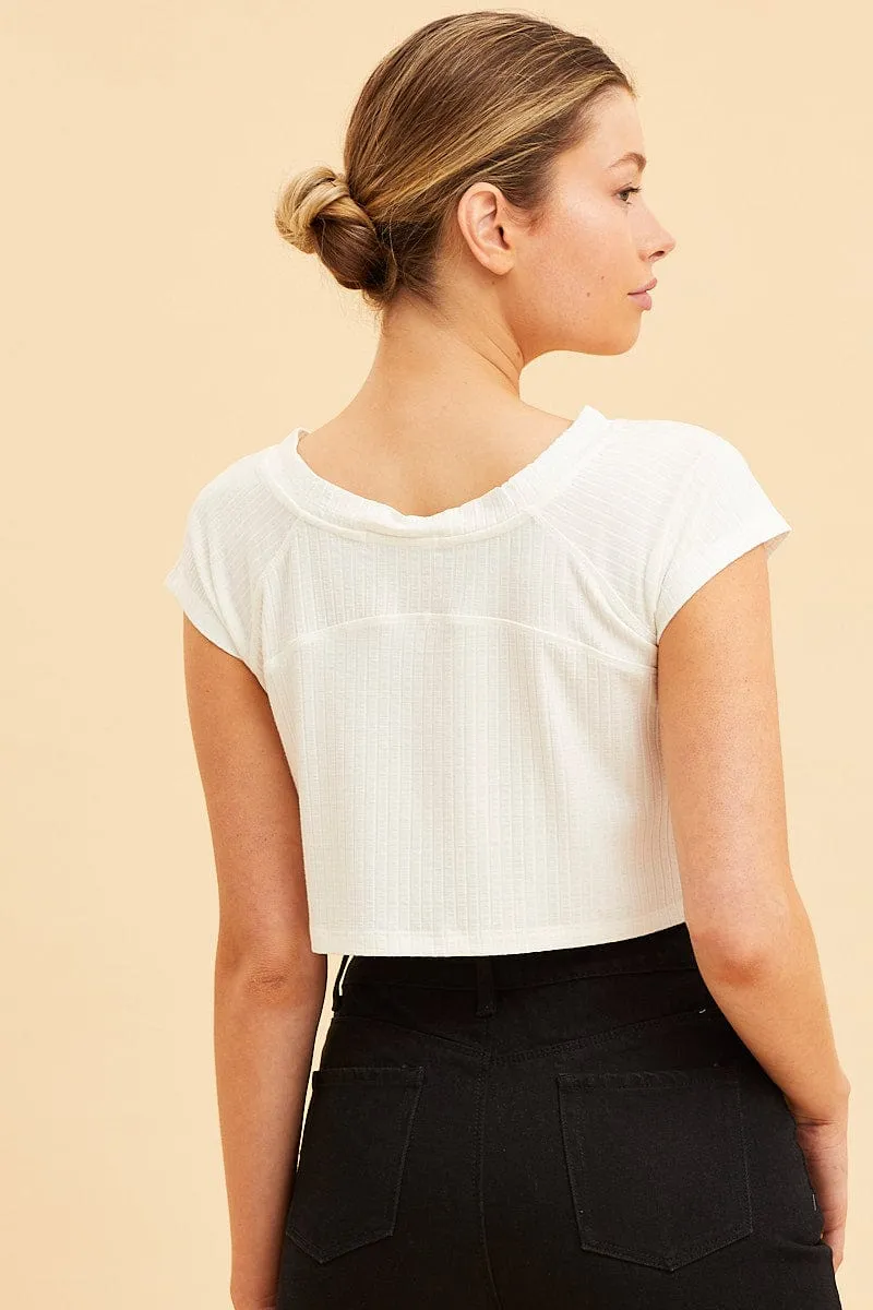 Sun shield Hypoallergenic Fibers White Cropped T-Shirt Wide Rib Crew Neck Short Sleeve