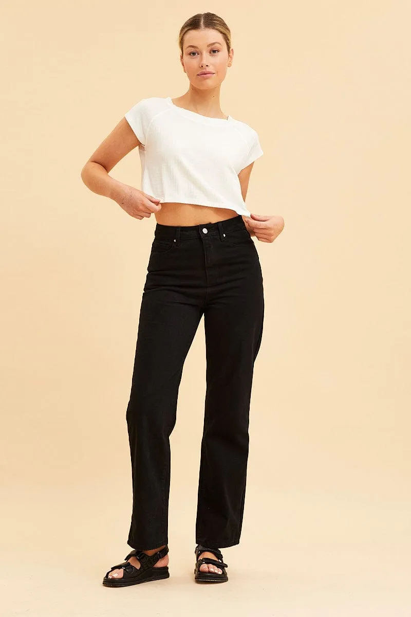 White Cropped T-Shirt Wide Rib Crew Neck Short Sleeve Diamond Soul Work Safe