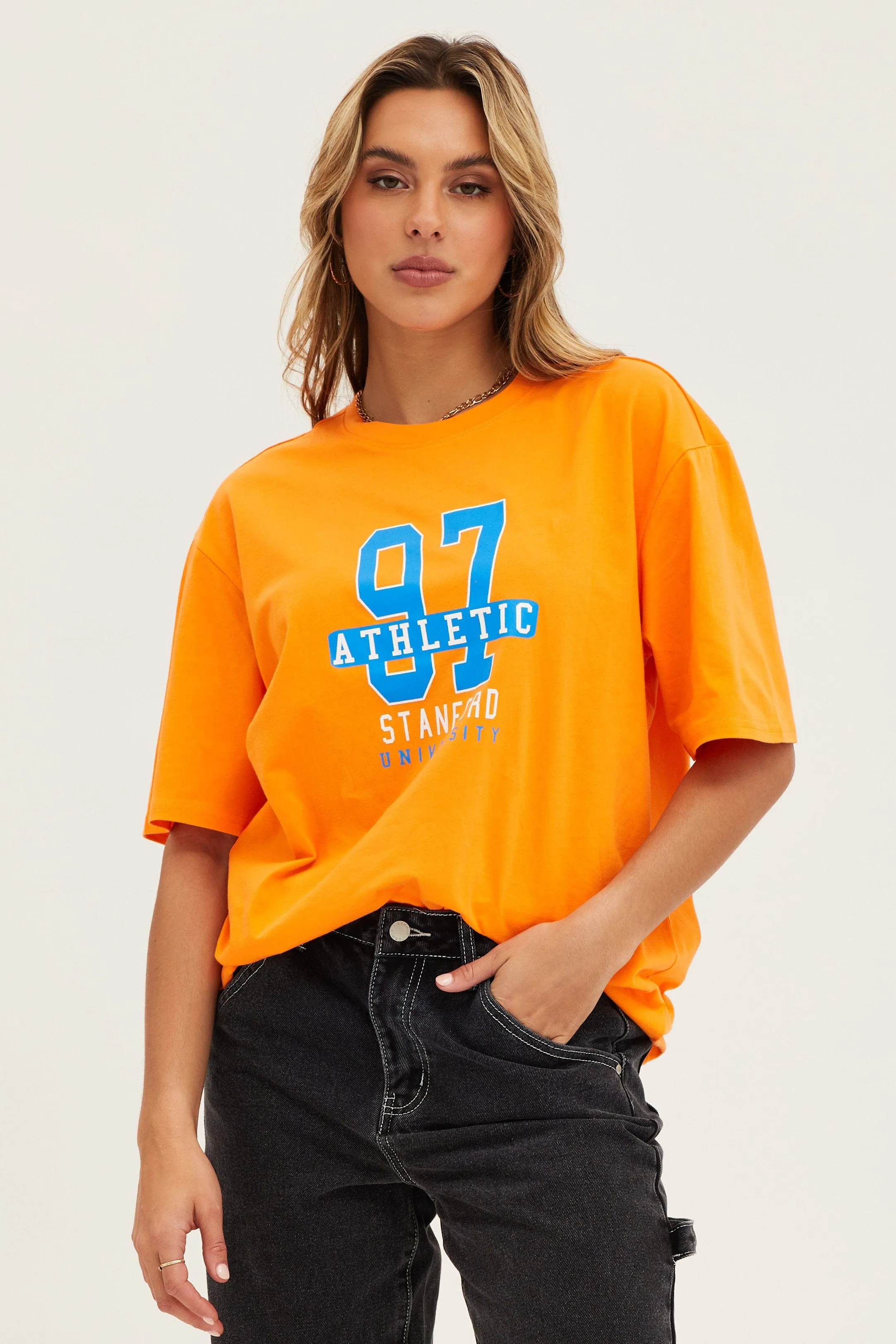 Orange Crew Neck Oversized Tee Elegant Detail